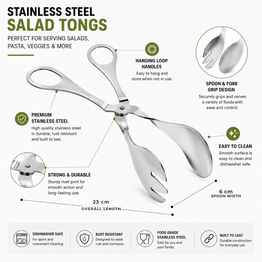 Stainless Steel Salad Tongs – 23 cm Kitchen Serving & Buffet Tongs
