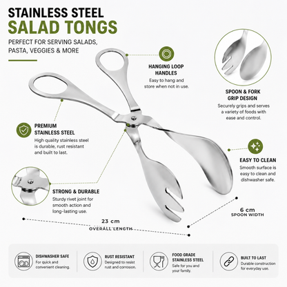Stainless Steel Salad Tongs – 23 cm Kitchen Serving & Buffet Tongs