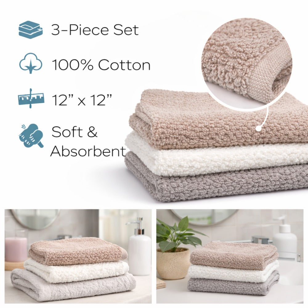 3-Piece Soft Washcloth Set - Ultra-Absorbent Gentle Face & Body Towels