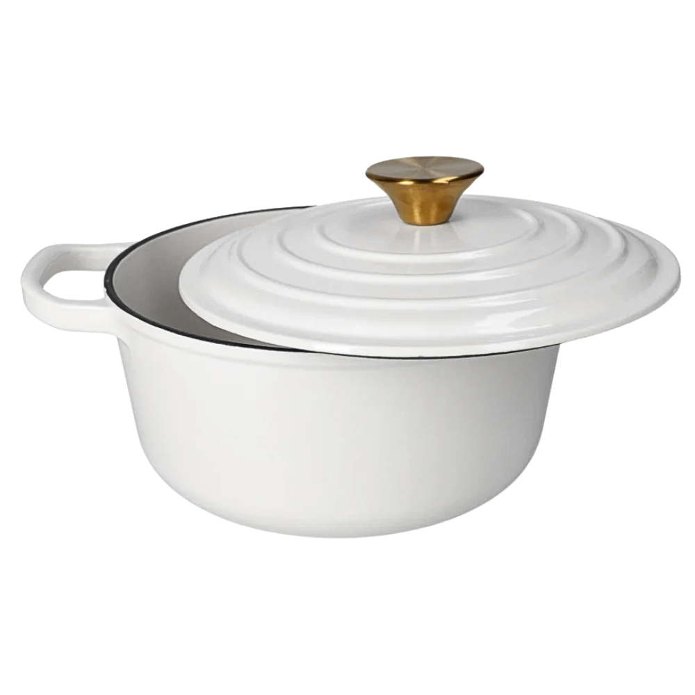 White Enamel Coated Cast Iron Casserole Dish with Lid - 2.7 L Oven Safe