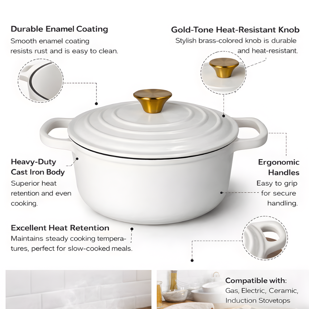 White Enamel Coated Cast Iron Casserole Dish with Lid - 2.7 L Oven Safe