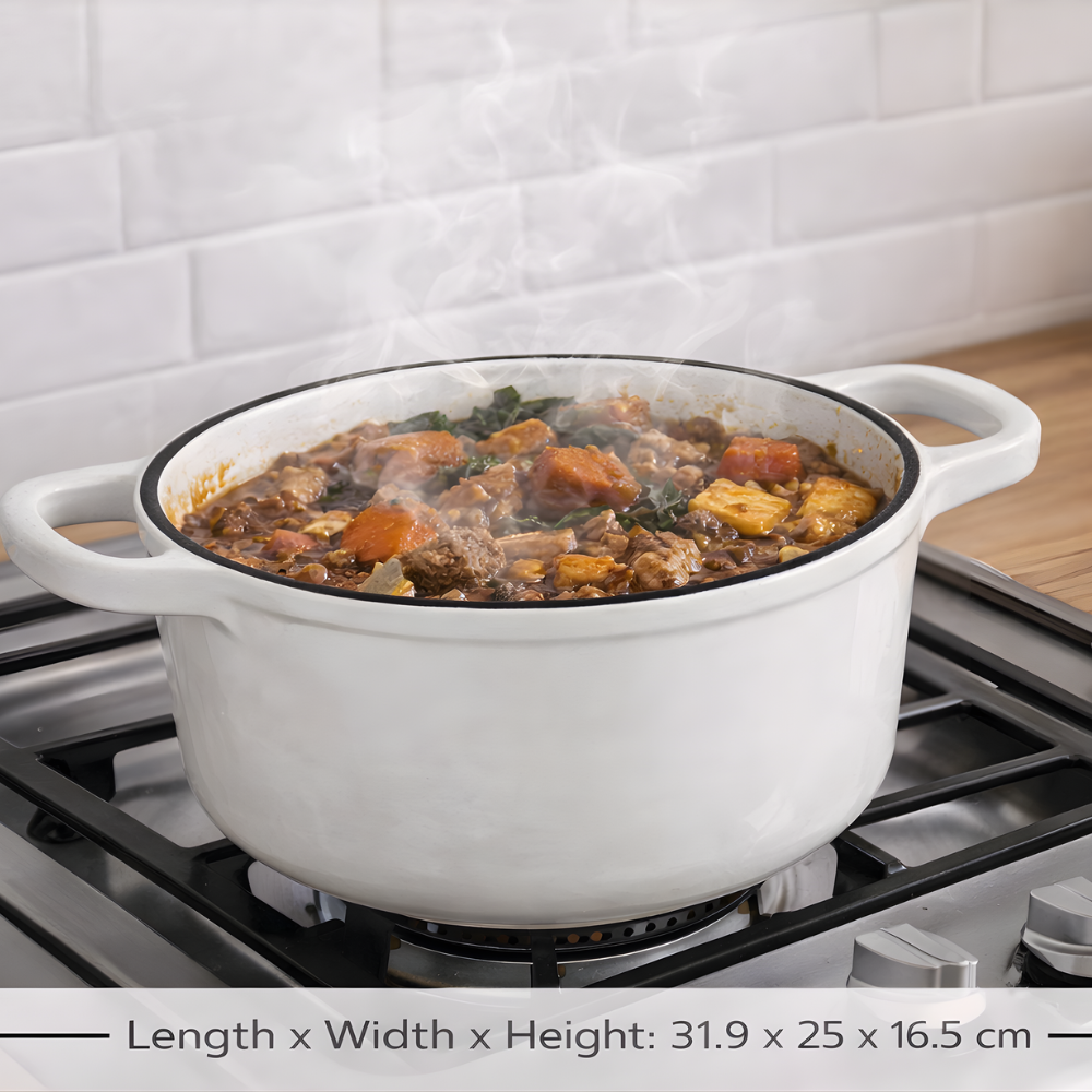 White Enamel Coated Cast Iron Casserole Dish with Lid - 2.7 L Oven Safe