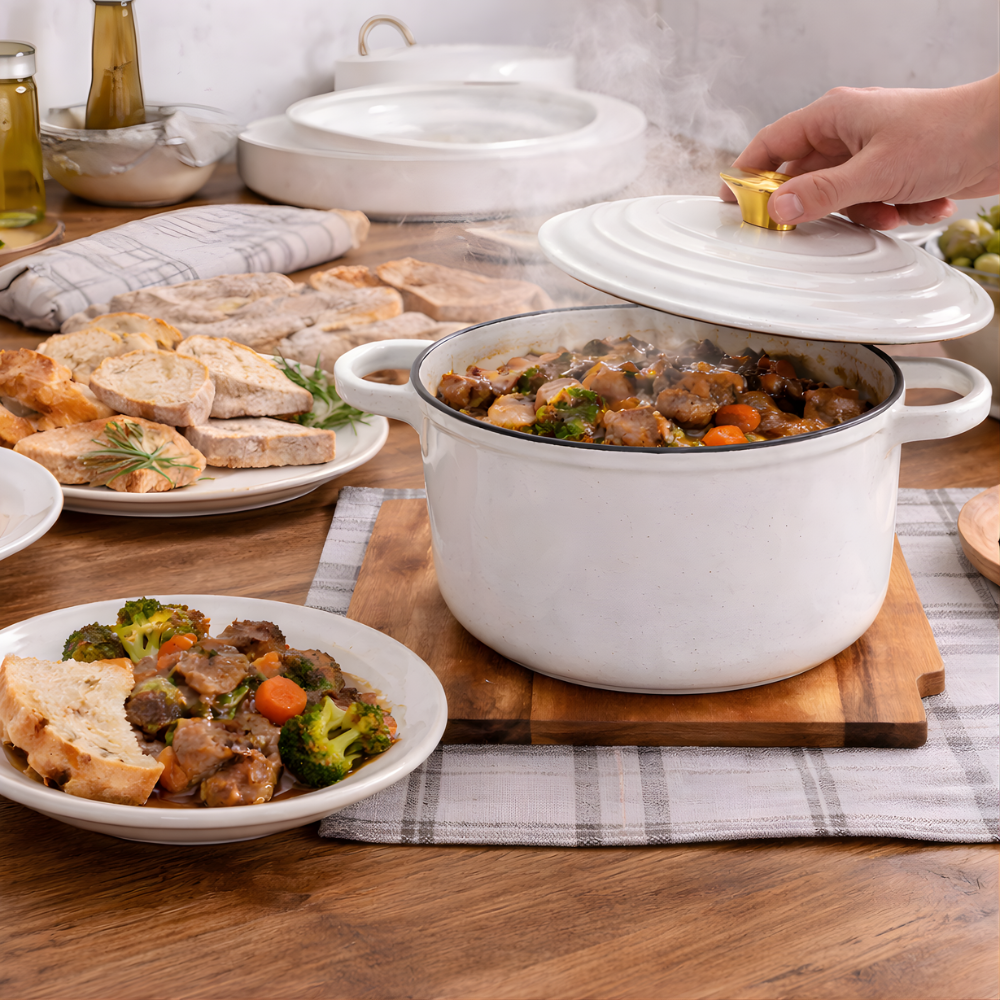 White Enamel Coated Cast Iron Casserole Dish with Lid - 2.7 L Oven Safe