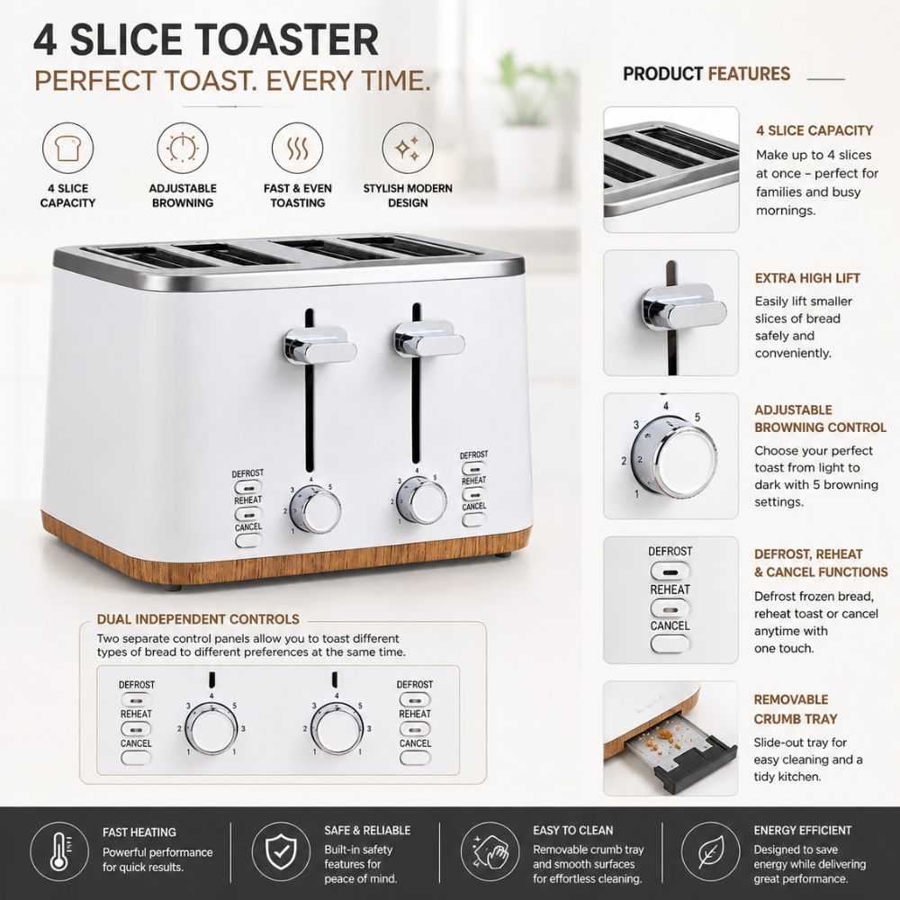 4 Slice Stainless Steel Toaster – White Modern Kitchen Bread Toaster