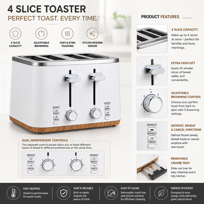 4 Slice Stainless Steel Toaster – White Modern Kitchen Bread Toaster