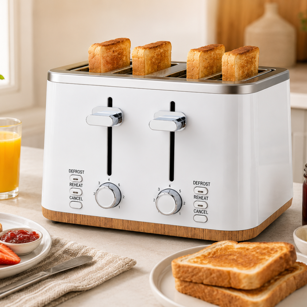 4 Slice Stainless Steel Toaster – White Modern Kitchen Bread Toaster