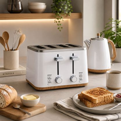 4 Slice Stainless Steel Toaster – White Modern Kitchen Bread Toaster