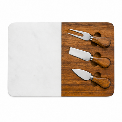 Marble & Acacia Wood Cheese Board Set with Cheese Knives – 30 cm Serving Platter for Entertaining