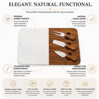 Marble & Acacia Wood Cheese Board Set with Cheese Knives – 30 cm Serving Platter for Entertaining