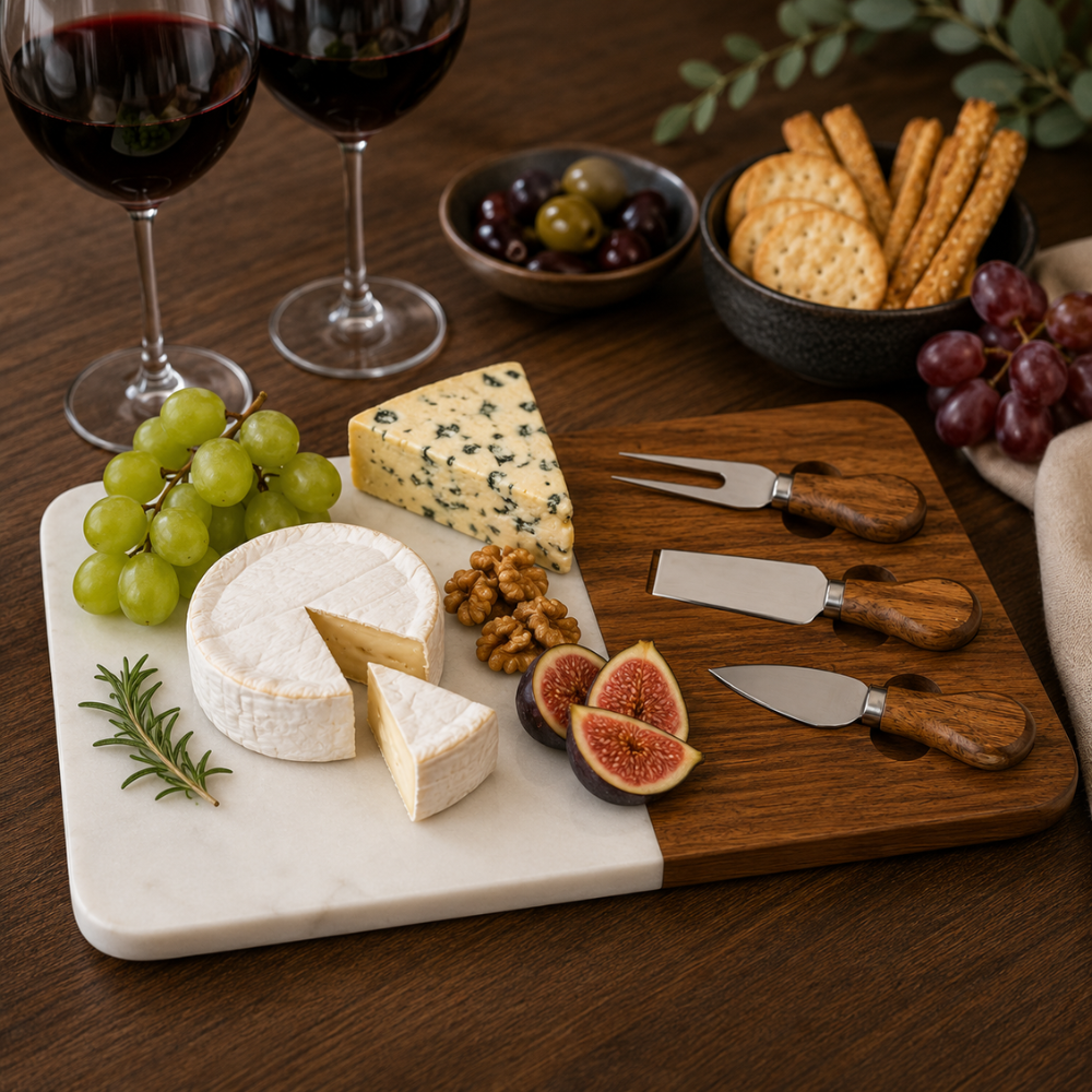 Marble & Acacia Wood Cheese Board Set with Cheese Knives – 30 cm Serving Platter for Entertaining