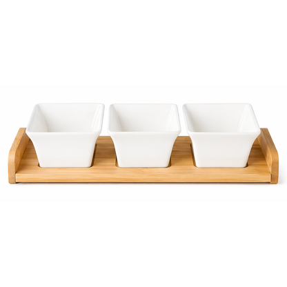 3-Piece Ceramic Serving Bowl Set with Bamboo Tray