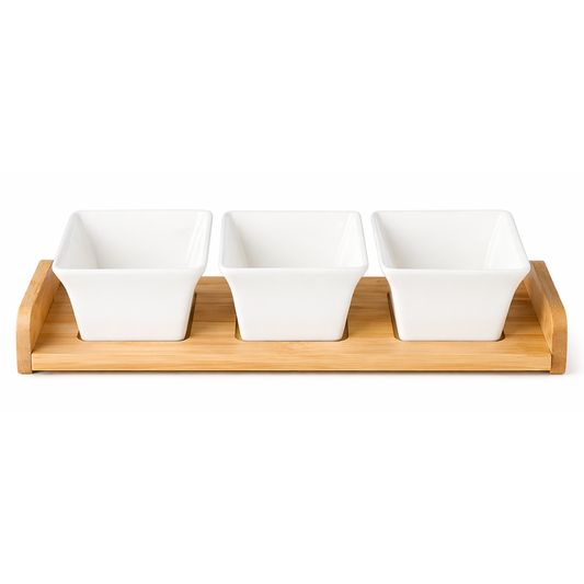 3-Piece Ceramic Serving Bowl Set with Bamboo Tray