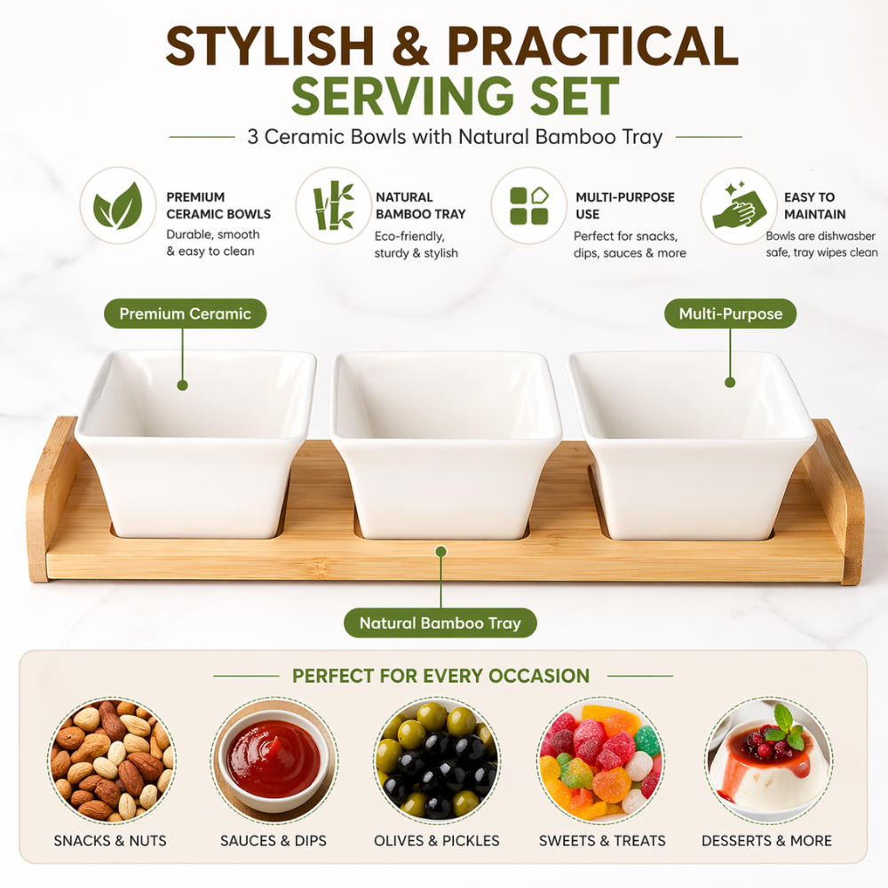 3-Piece Ceramic Serving Bowl Set with Bamboo Tray