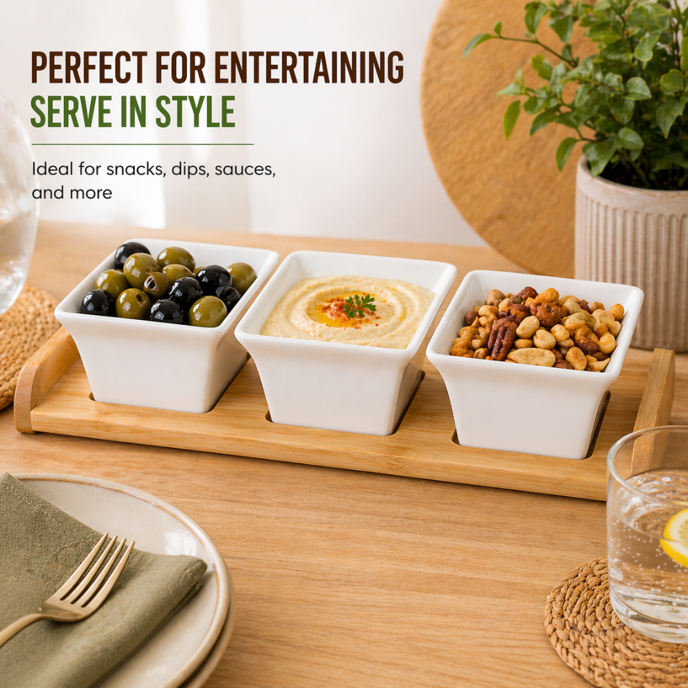 3-Piece Ceramic Serving Bowl Set with Bamboo Tray