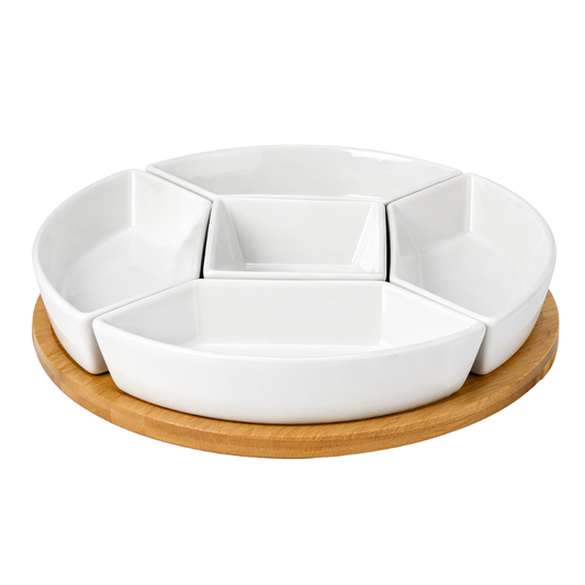 Round Ceramic Serving Platter Set with Bamboo Base – 5 Compartment Snack & Dip Tray