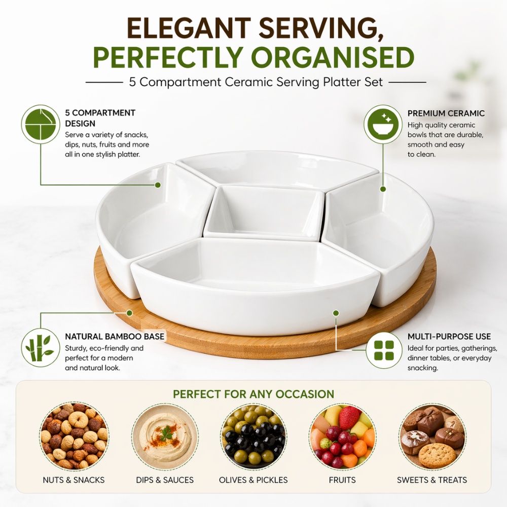 Round Ceramic Serving Platter Set with Bamboo Base – 5 Compartment Snack & Dip Tray