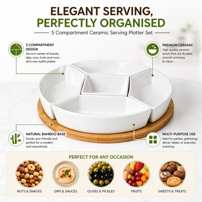 Round Ceramic Serving Platter Set with Bamboo Base – 5 Compartment Snack & Dip Tray