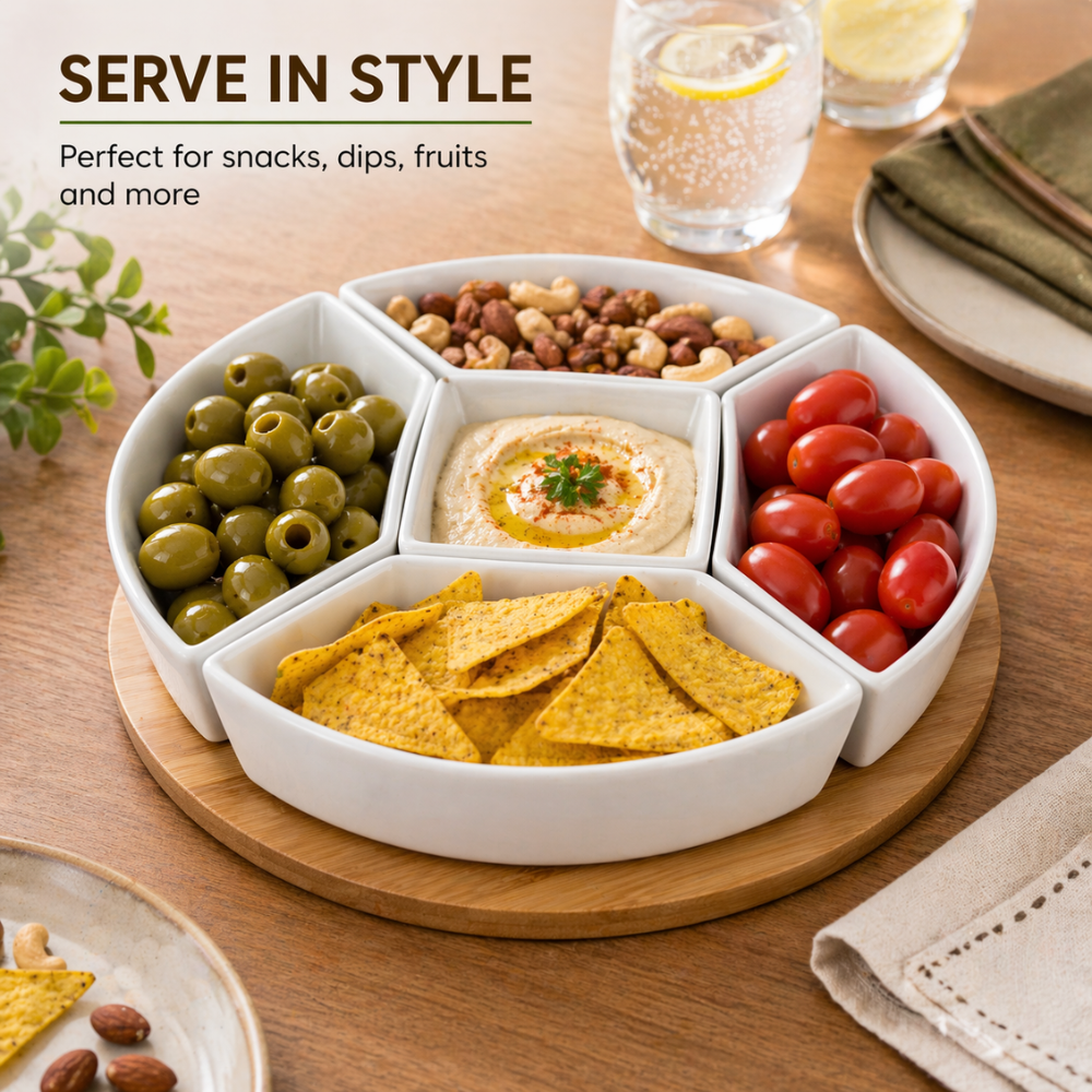 Round Ceramic Serving Platter Set with Bamboo Base – 5 Compartment Snack & Dip Tray