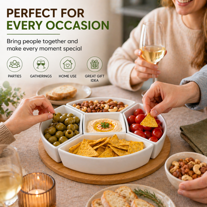 Round Ceramic Serving Platter Set with Bamboo Base – 5 Compartment Snack & Dip Tray