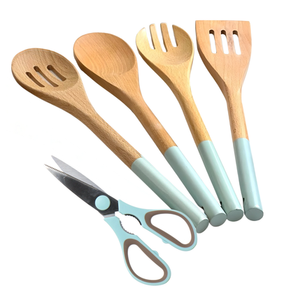 5-Piece Wooden Kitchen Utensil Set with Scissors-Non-Scratch Cooking Tools