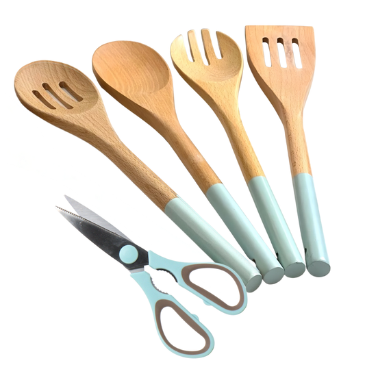 5-Piece Wooden Kitchen Utensil Set with Scissors-Non-Scratch Cooking Tools
