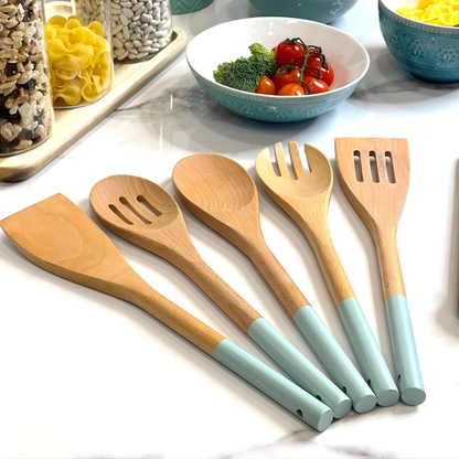 5-Piece Wooden Kitchen Utensil Set with Scissors-Non-Scratch Cooking Tools