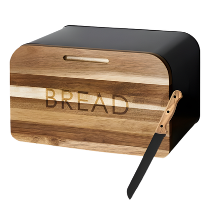 Breadbox with Integrated Cutting Board Made of Metal and Bamboo with Knife