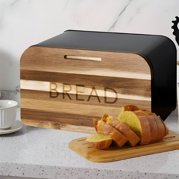 Breadbox with Integrated Cutting Board Made of Metal and Bamboo with Knife