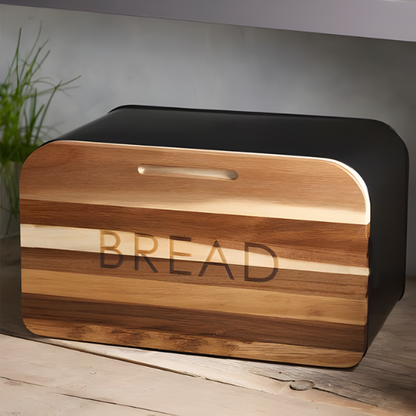 Breadbox with Integrated Cutting Board Made of Metal and Bamboo with Knife