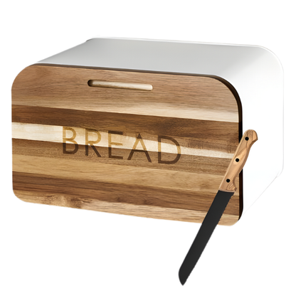 Breadbox with Integrated Cutting Board Made of Metal and Bamboo with Knife