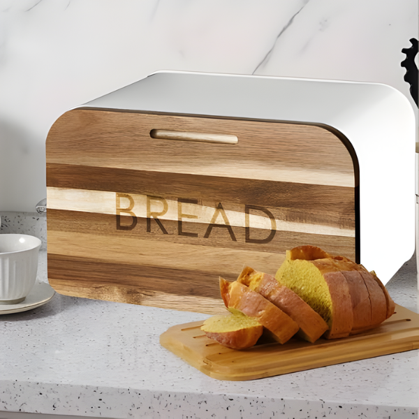 Breadbox with Integrated Cutting Board Made of Metal and Bamboo with Knife