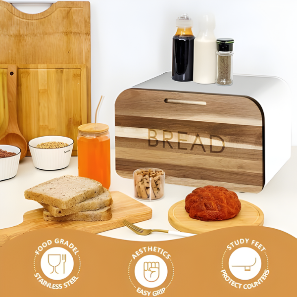 Breadbox with Integrated Cutting Board Made of Metal and Bamboo with Knife