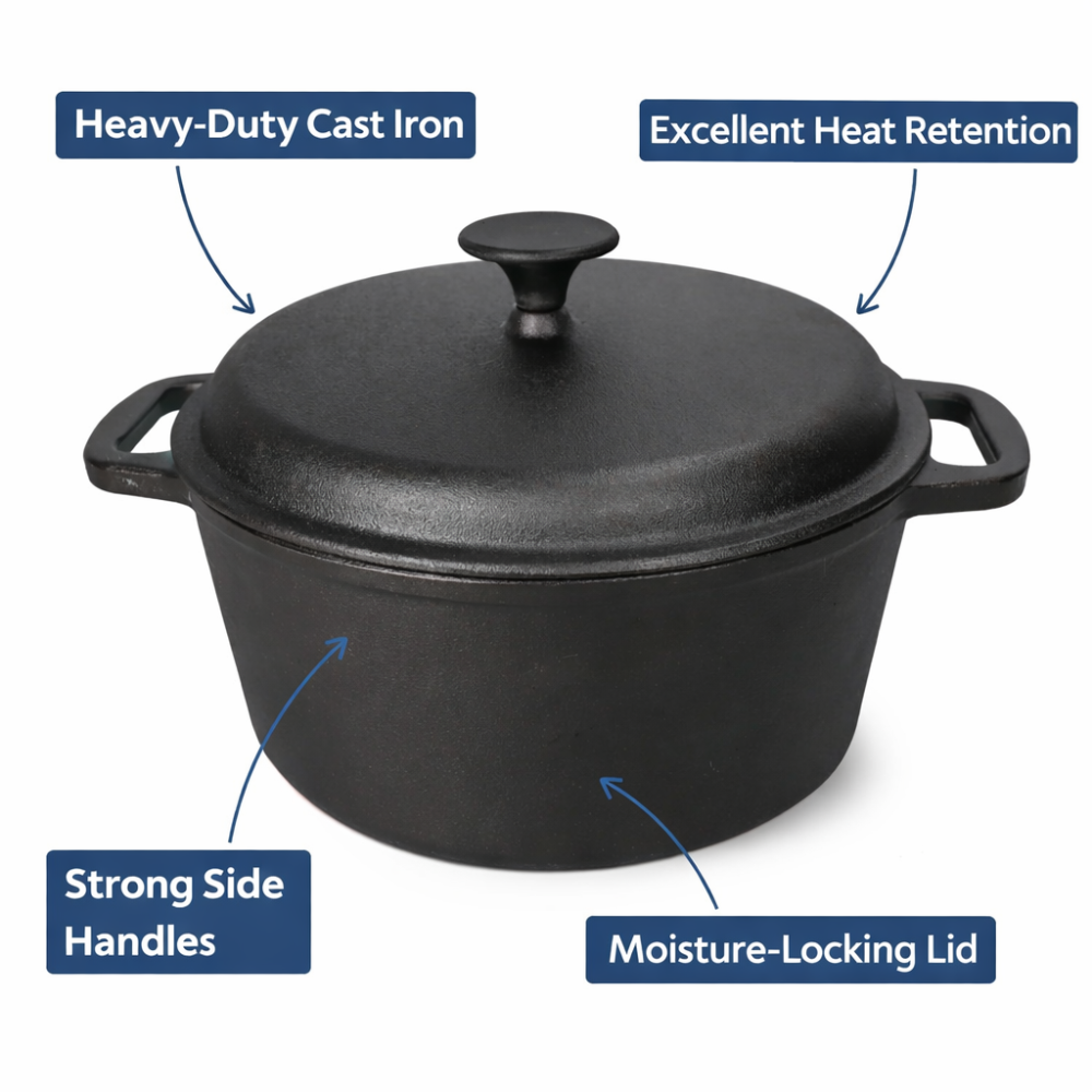 Cast Iron Pot with Lid - 4L Heavy-Duty Cooking Pot for Even Heat & Flavour