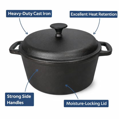 Cast Iron Pot with Lid - 4L Heavy-Duty Cooking Pot for Even Heat & Flavour