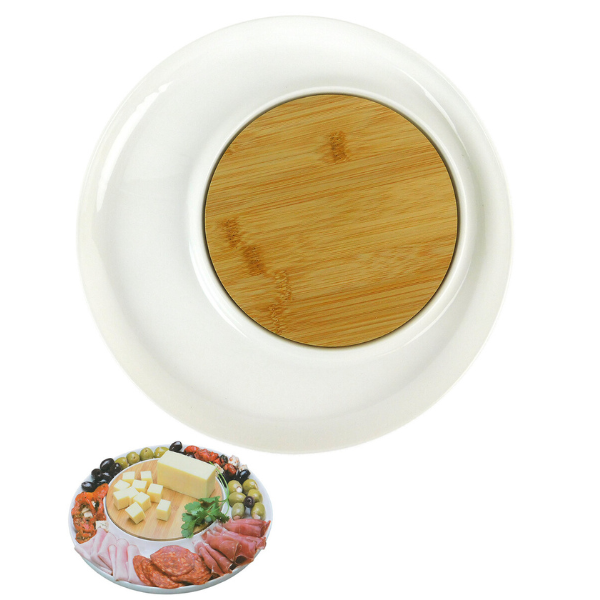 Ceramic Serving Platter with Bamboo Centre Board - Snack Serving Dish