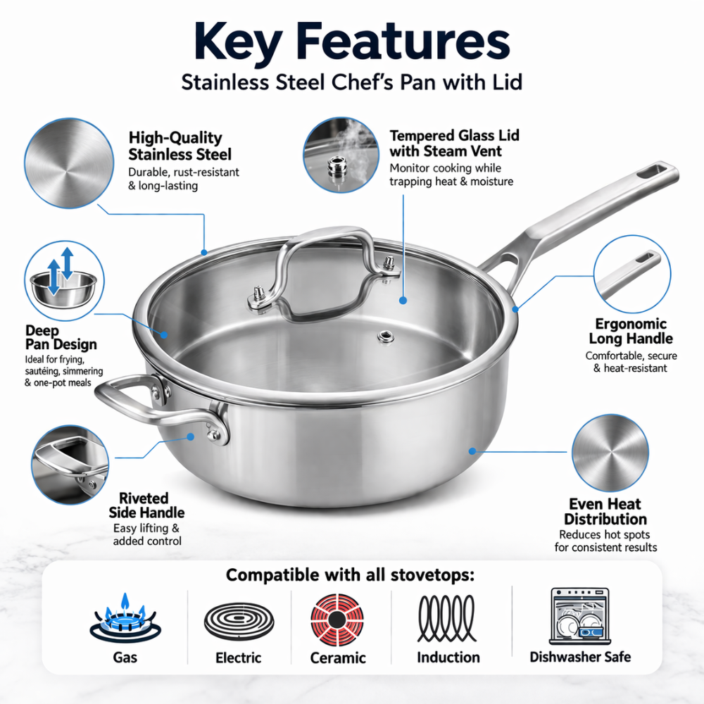 Stainless Steel Chef's Classic Pan with Lid - Multi-Purpose Cooking Pan - 30 cm