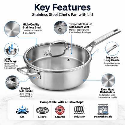 Stainless Steel Chef's Classic Pan with Lid - Multi-Purpose Cooking Pan - 30 cm