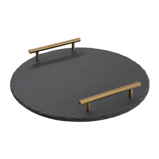 Elegant Round Slate Serving Platter with Stainless Steel Handles – 25 cm Premium Server Display Board