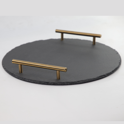 Elegant Round Slate Serving Platter with Stainless Steel Handles – 25 cm Premium Server Display Board