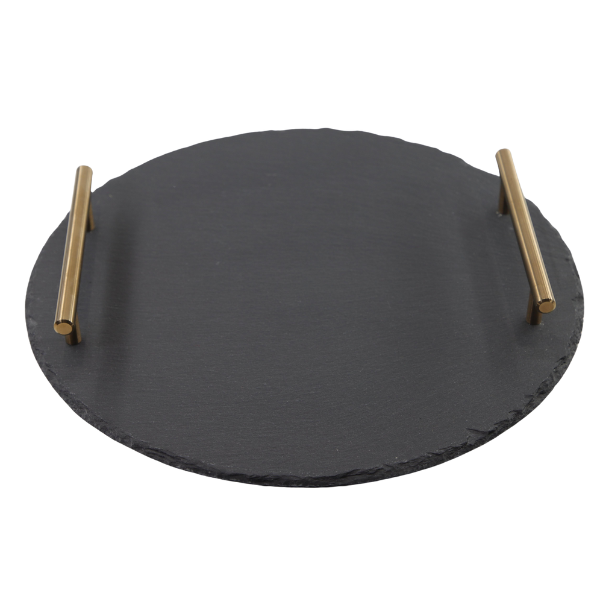 Elegant Round Slate Serving Platter with Stainless Steel Handles – 25 cm Premium Server Display Board