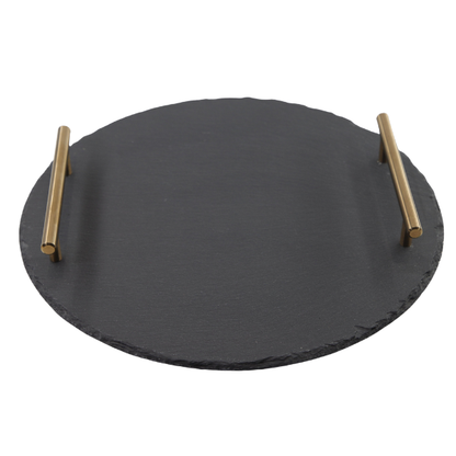 Elegant Round Slate Serving Platter with Stainless Steel Handles – 25 cm Premium Server Display Board