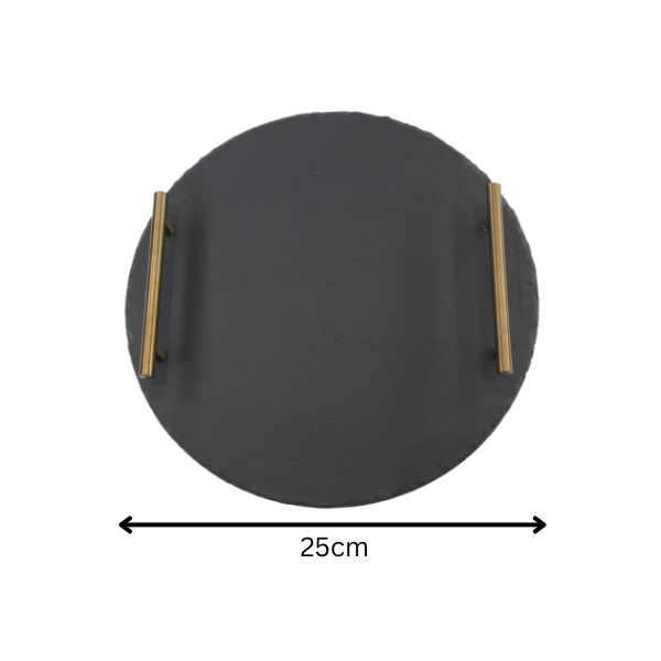 Elegant Round Slate Serving Platter with Stainless Steel Handles – 25 cm Premium Server Display Board