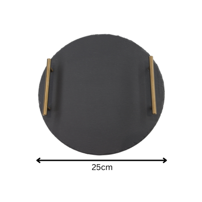 Elegant Round Slate Serving Platter with Stainless Steel Handles – 25 cm Premium Server Display Board