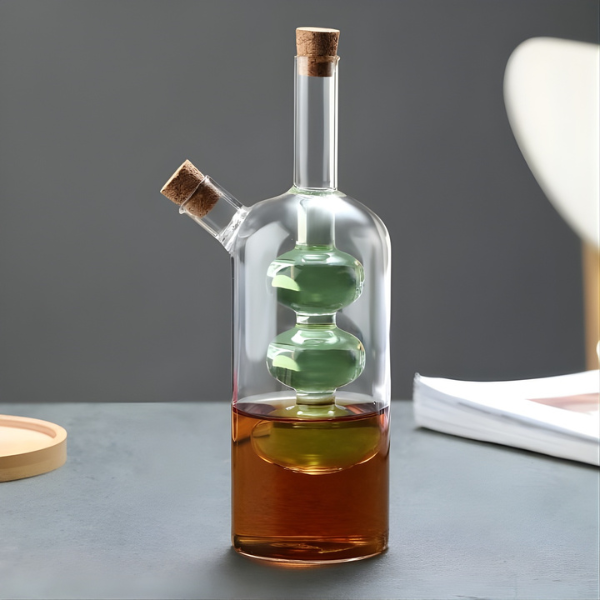 Glass Oil & Vinegar Cruet Bottle with Dual Spouts and Cork Stoppers - 270ml
