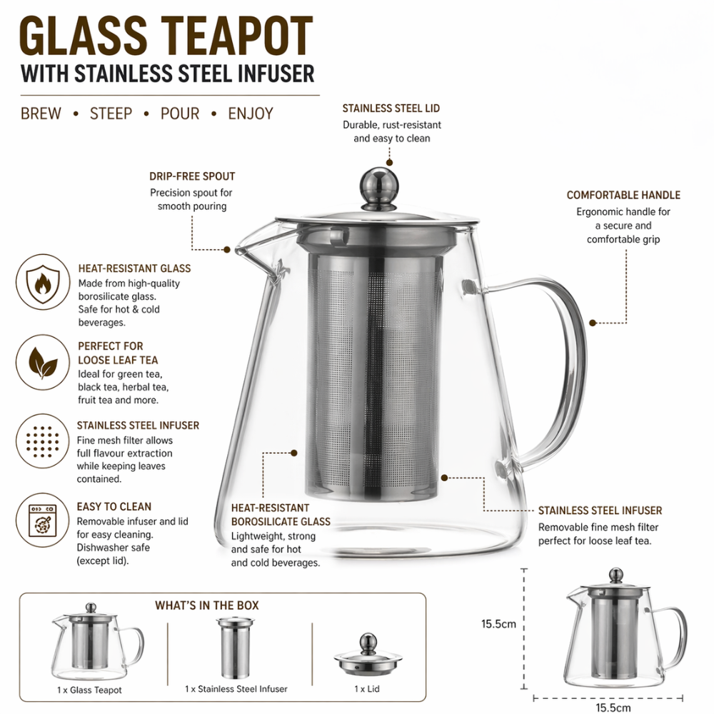 Glass Teapot with Stainless Steel Infuser – Heat-Resistant Tea Brewer