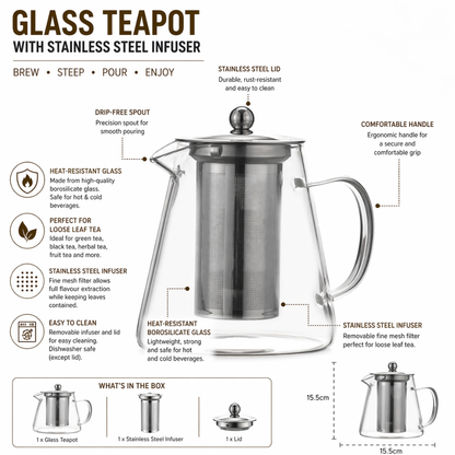Glass Teapot with Stainless Steel Infuser – Heat-Resistant Tea Brewer