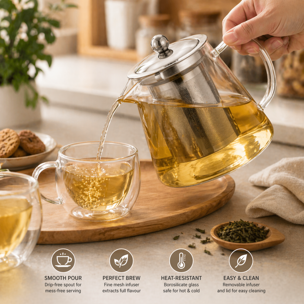 Glass Teapot with Stainless Steel Infuser – Heat-Resistant Tea Brewer