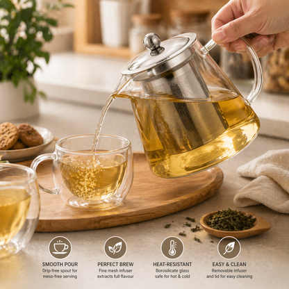 Glass Teapot with Stainless Steel Infuser – Heat-Resistant Tea Brewer