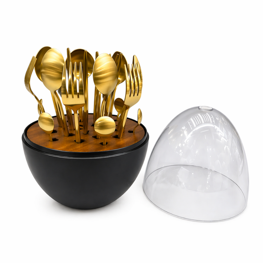 24-Piece Cutlery Set with Storage Stand – Gold Finish Stainless Steel Utensils