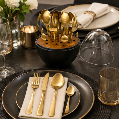 24-Piece Cutlery Set with Storage Stand – Gold Finish Stainless Steel Utensils
